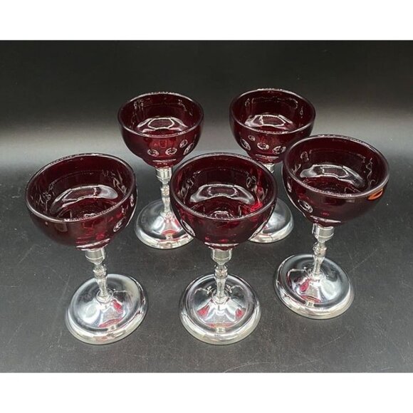 Moondrop Ruby Red Glass Cordial W/ Metal chrome Stem Martinsville Set 5 - Picture 1 of 12